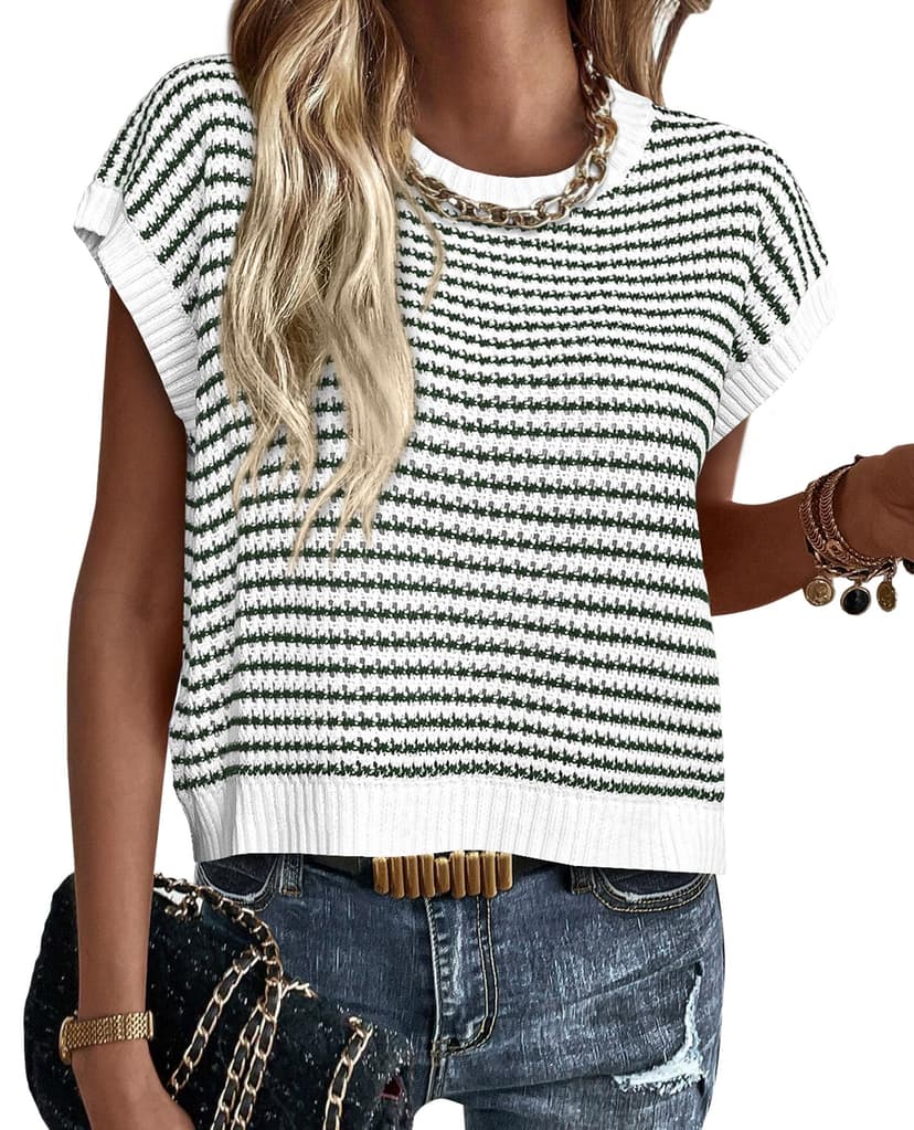 PRETTYGARDEN Women's Striped Short Sleeve Sweater Vest | Summer Lightweight Sweaters,Round Neck Cap Sleeve Pullover,Spring Work Knit Top,Ladies Business Casual,Trendy Teacher Outfits