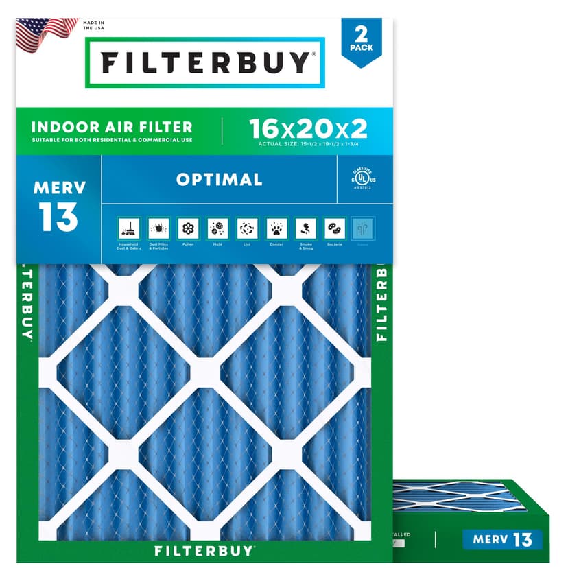 Filterbuy 16x20x2 Air Filter MERV 13 Optimal Smoke & Allergy Defense (2-Pack), Electrostatic Pleated HVAC AC Furnace Filters Replacement, Made in USA (Actual Size: 15.50 x 19.50 x 1.75)
