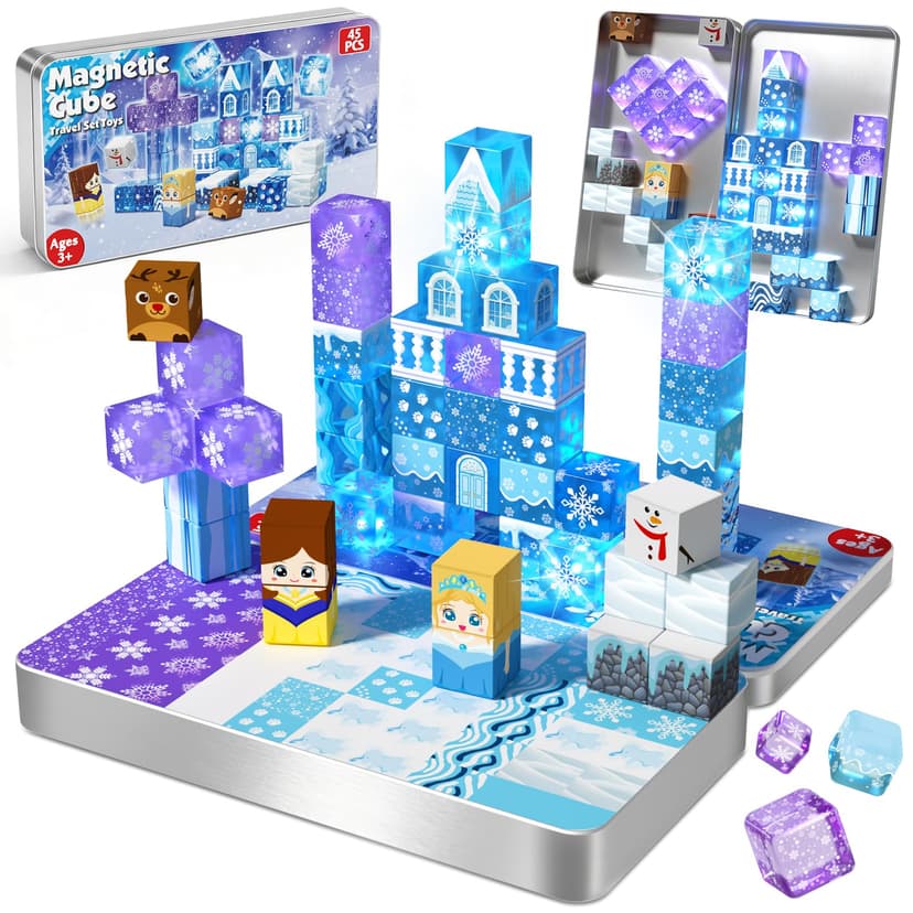 Magnetic Blocks, 45pcs Travel Toys Building Set with Magnetic Tin Box, Transparent & Light Up Magnet Cubes for Blue Snow Castle Build, Princess Toy Birthday Gift for Kid Girl 3+