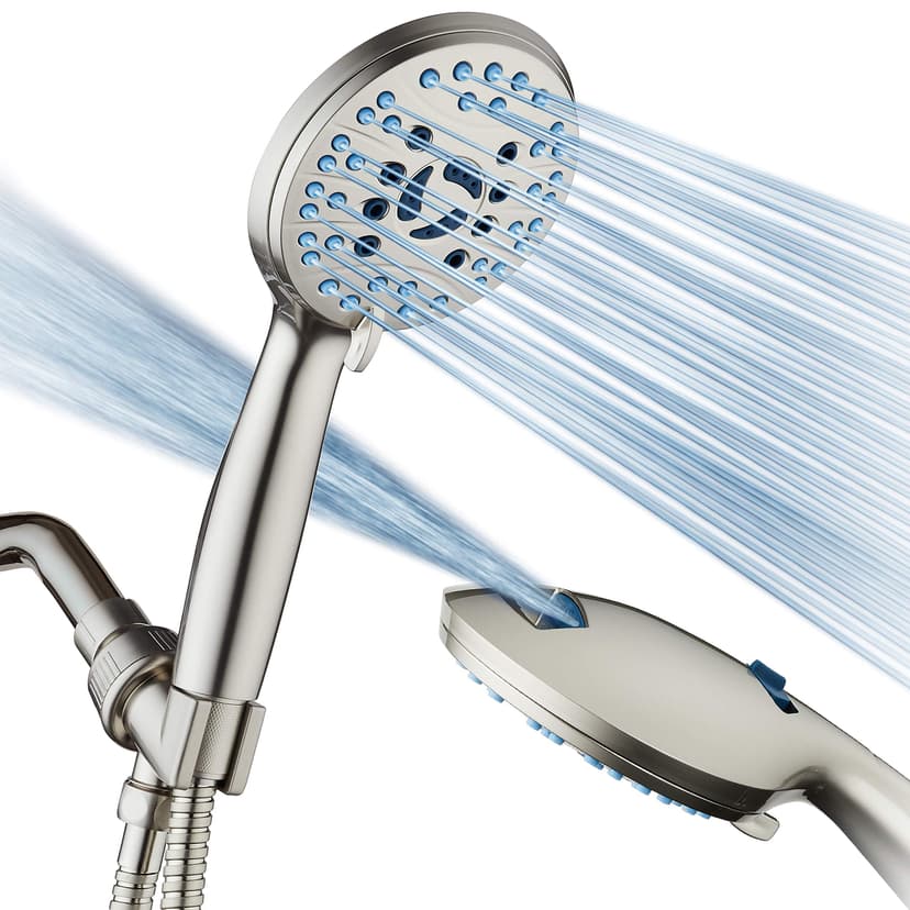Hotel Spa AquaCare High Pressure 8-mode Handheld Shower Head - Anti-clog Nozzles, Built-in Power Wash to Clean Tub, Tile & Pets, Extra Long 6 ft. Hose, Wall & Overhead Brackets - 1.8 GPM