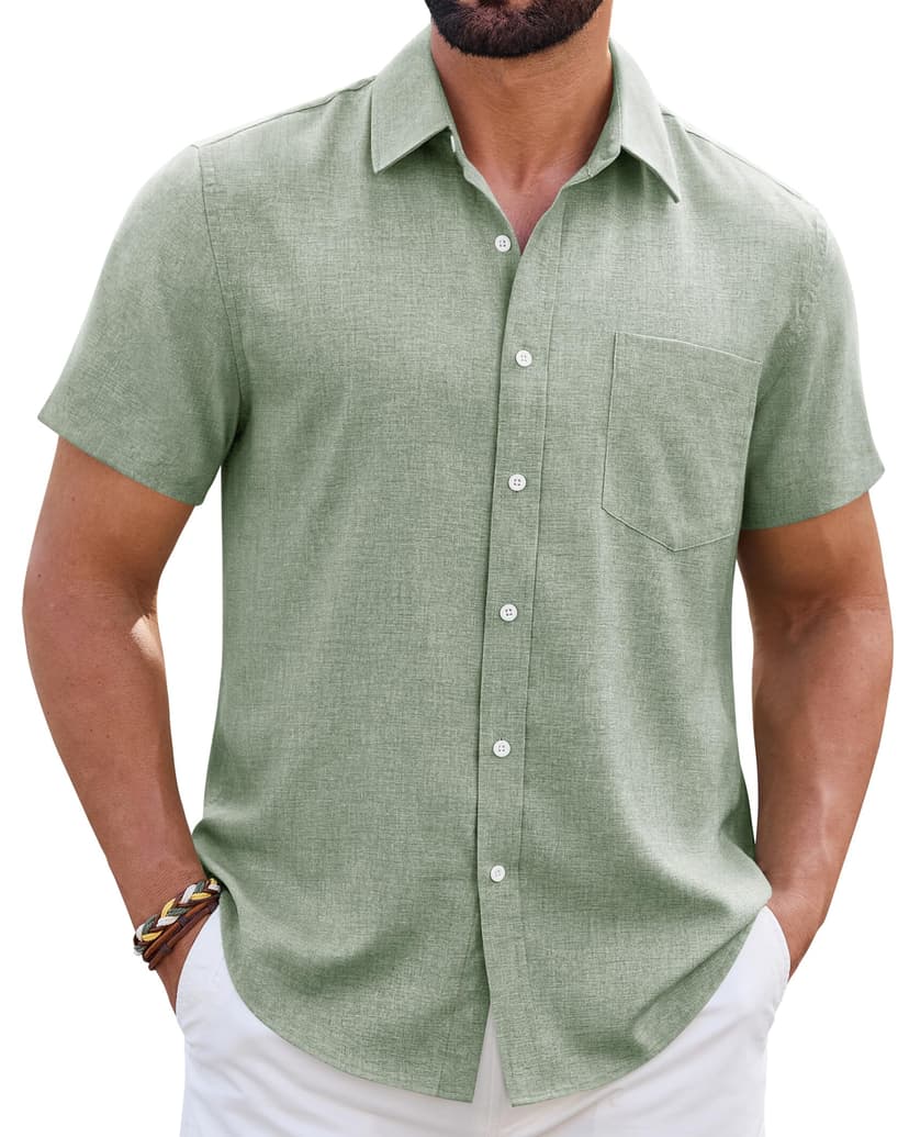 ROUWELL Mens Linen Shirt Short Sleeve Wrinkle Free Casual Untucked Button Down Shirts Beach Breathable Tops Summer