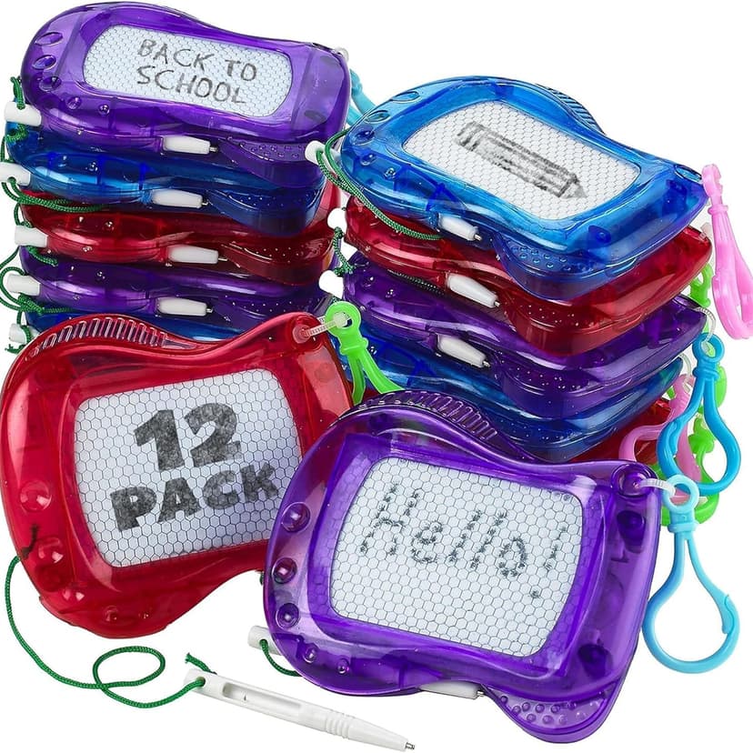 Bedwina Mini Magnetic Drawing Board for Kids - (Pack of 12) Backpack Keychain Clip Drawing Boards, Erasable Doodle Sketch Writing Pad Boys & Girls, Birthday Kids Party Favors | Reusable Magnetic Sketc