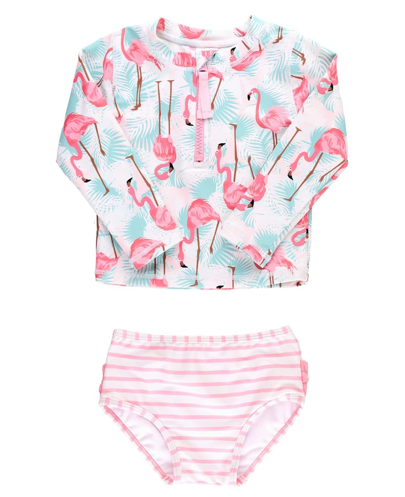 RuffleButts® Baby/Toddler Girls Long Sleeve Rash Guard 2 Piece Swimsuit Set w/UPF 50+ Sun Protection with Zipper