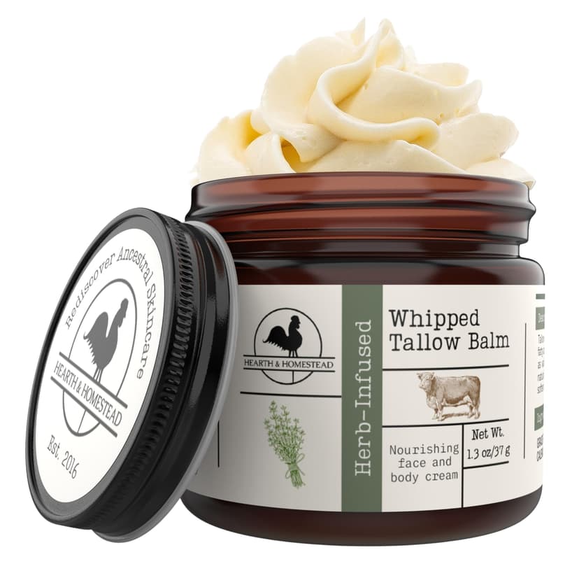 Hearth & Homestead Whipped Beef Tallow for Skin & Face - 100% Grass Fed, Eczema Cream & Body Butter - Organic Olive Oil, Calendula & Rose - Lotion & Hand Moisturizer for Dry Skin, Unscented, 1.3oz
