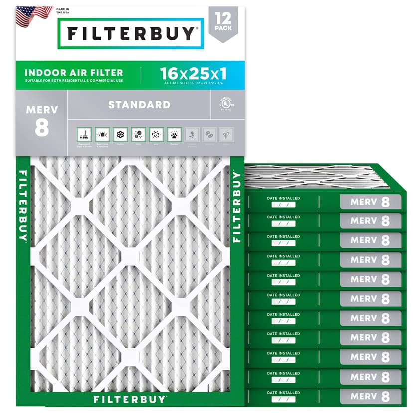 Filterbuy 16x25x1 Air Filter MERV 8 Dust & Allergy Defense (12-Pack) | Electrostatic Pleated HVAC AC Furnace Filters Replacement, Made in USA (Actual Size: 15.50 x 24.50 x 0.75)