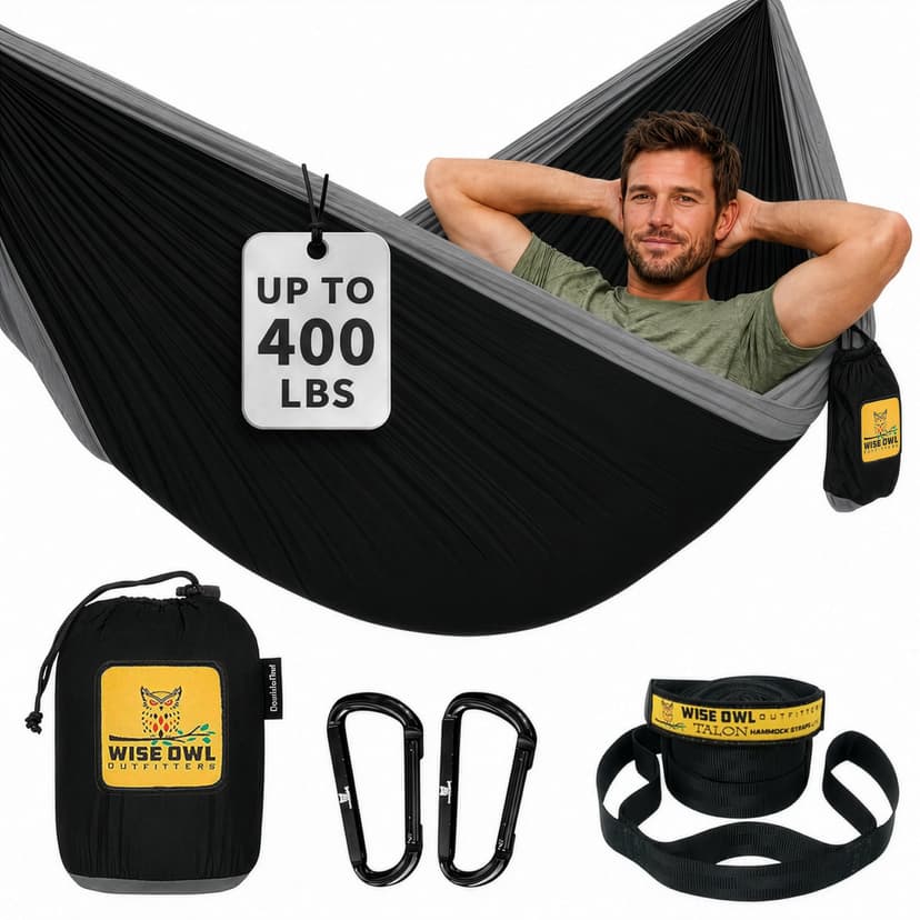 Wise Owl Outfitters Camping Hammock – 500lbs Portable Hammock with Tree Straps - Travel, Backpacking, Hiking, Outdoors Camping Gear - Single or Double