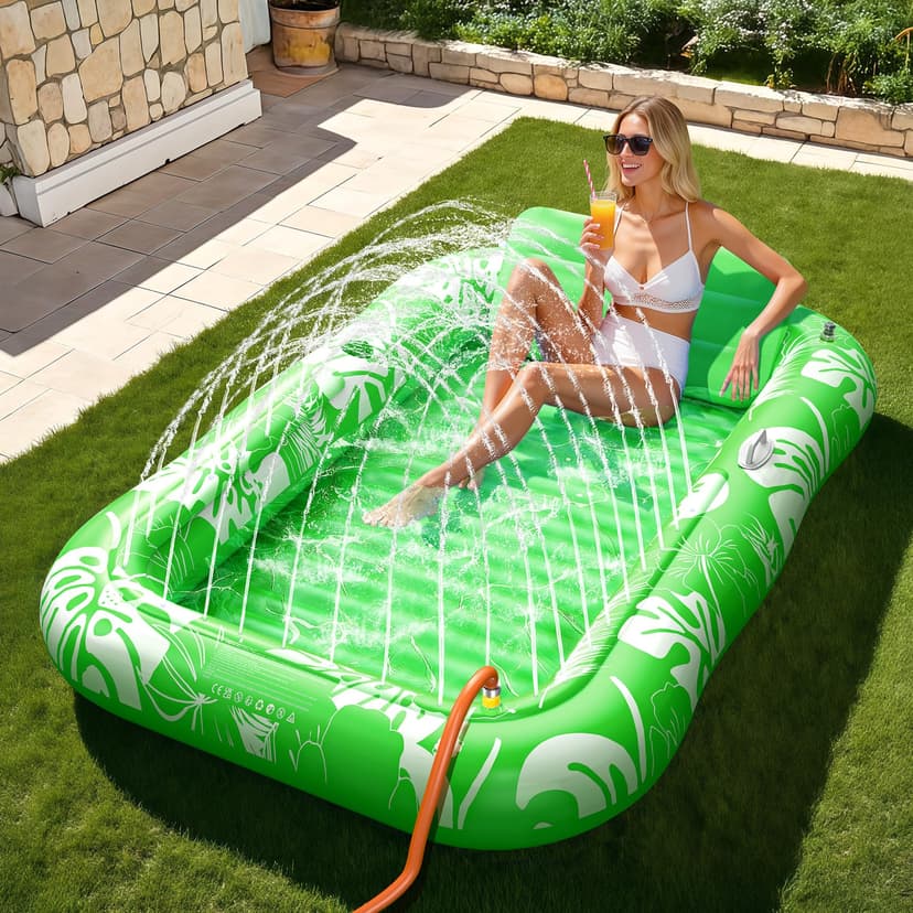 Inflatable Tanning Pool Lounger Float with Sprinkler, 77" x 48" Pool Floats Adult with Pillow, 6 in 1 Suntan Tub Raft Floatie with Drink Holder Sunbathing Water Lounge