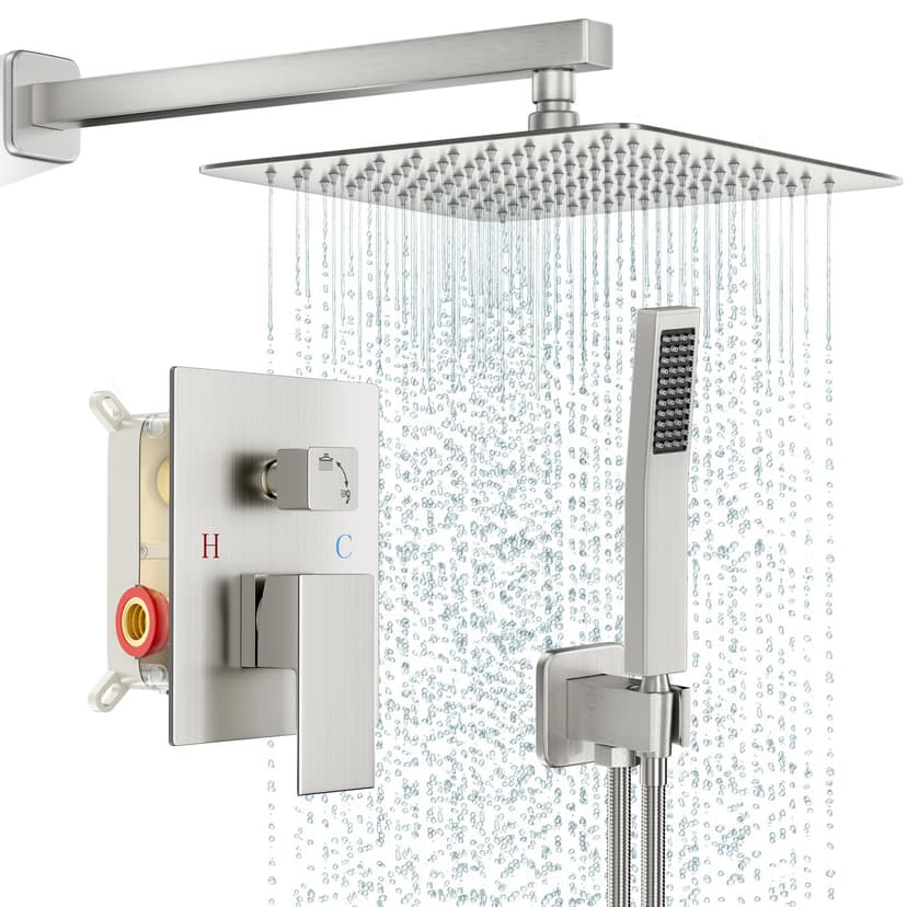 FPXRNG Shower Faucet Set Rainfall Shower System with Square Shower Head and Handle Set Rough-in Valve and Metal Trim Kit Included Brushed Nickel 10 Inch Wall Mounted Shower Fixtures