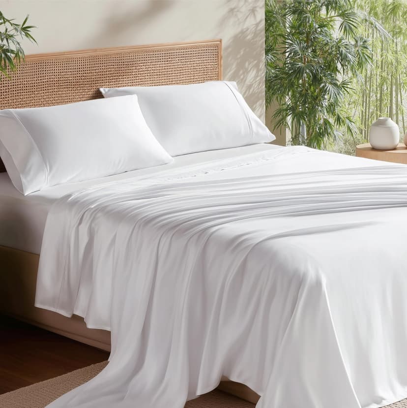 Bedsure PureWoven 100% Rayon Derived from Bamboo, Queen Sheets, 4 Pieces | Cooling Sheets for Hot Sleepers, Breathable & Silky Soft, 16" Deep Pocket, Hotel Luxury Bedding, White