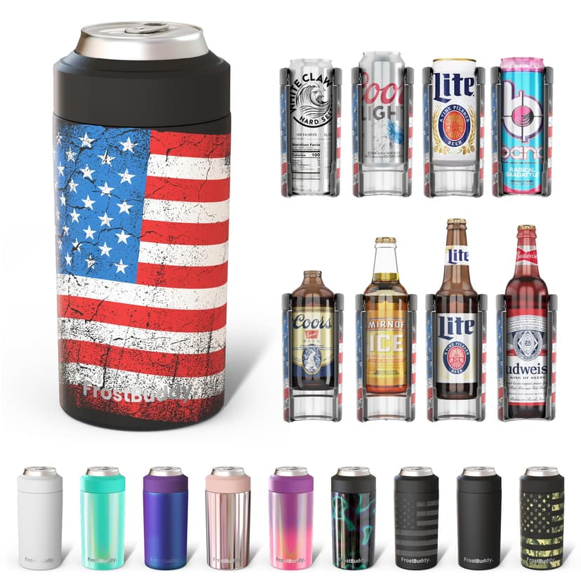 Frost Buddy Universal Buddy Can Cooler - Fits All - For Regular 12 & 16 oz or Slim-Size Bottles - Insulated Double-Walled Stainless Steel (Merica)
