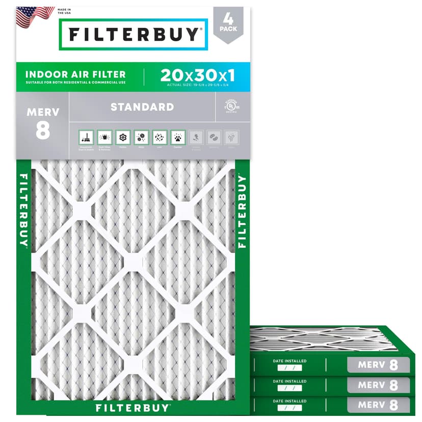 Filterbuy 20x30x1 Air Filter MERV 8 Dust & Allergy Defense (4-Pack) | Electrostatic Pleated HVAC AC Furnace Filters Replacement, Made in USA (Actual Size: 19.63 x 29.63 x 0.75)