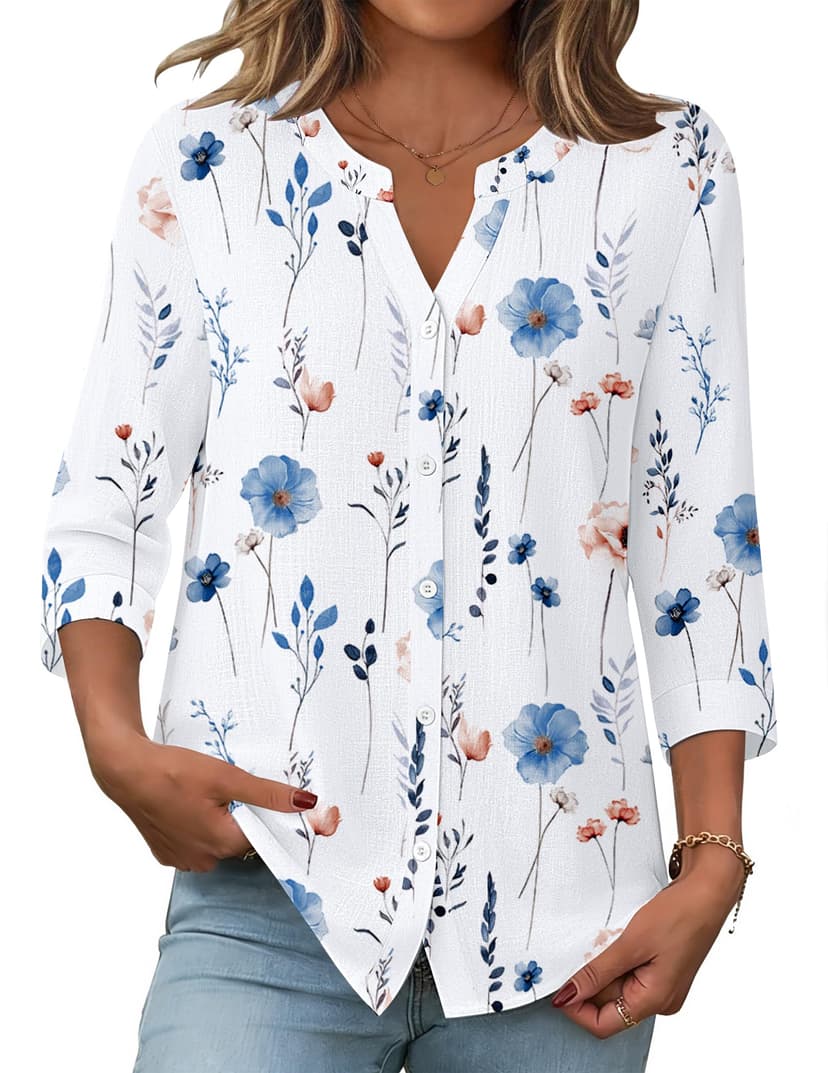Zeagoo Button Down Shirts for Women 3/4 Sleeve Linen Cotton V Neck Tops Dressy Casual Loose Work Blouses