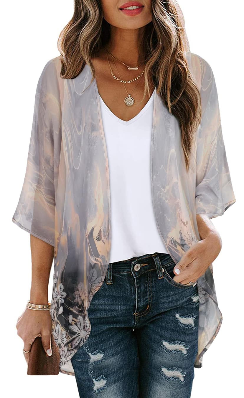 Women's Floral Print Puff Sleeve Kimono Cardigan Loose Cover Up Casual Blouse Tops 2026