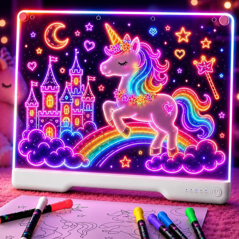 Geokay 16" Rechargeable LED Drawing Board, 9-Color Light Modes, Neon Art Dry Erase Light Up Doodle Glow Pad with Built-in Stand, Sketching Gift Toy for Kids/Girls/Teens, 7 Markers & Tracing Book
