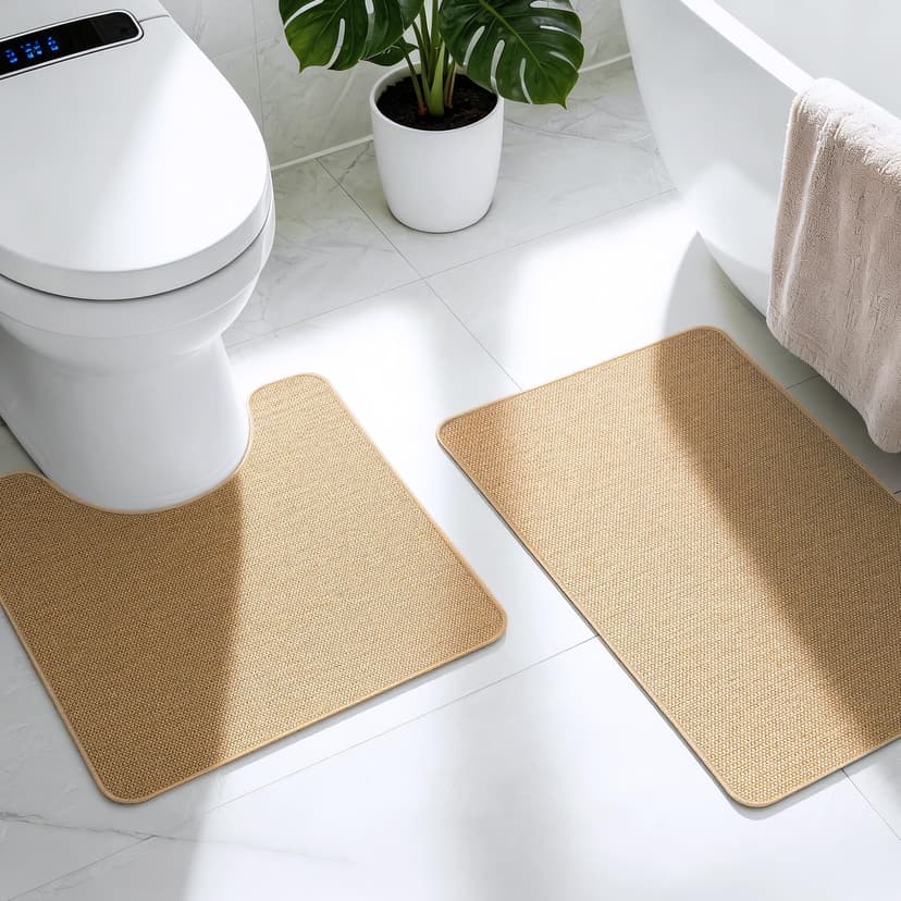 Bathroom Rugs Sets 2 Piece, Thin Bath Mat & U-Shaped Contour Toilet Rug Absorbent Quick Dry, Machine Washable, Non Slip Low Pile Bath Mats for Bathroom/Tub/Sink/Shower (30"x20" Plus 24"x20" U, Khaki)