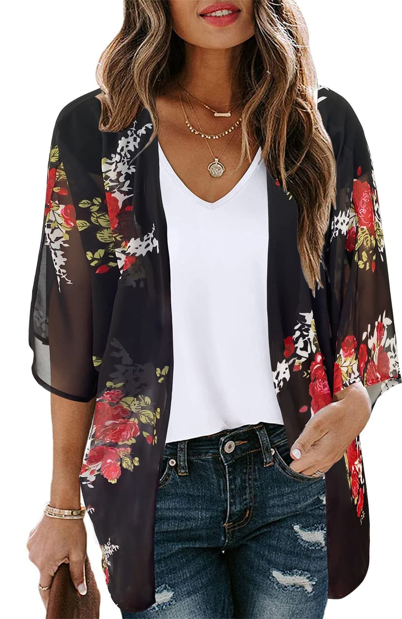 Women's Floral Print Puff Sleeve Kimono Cardigan Loose Cover Up Casual Blouse Tops 2026