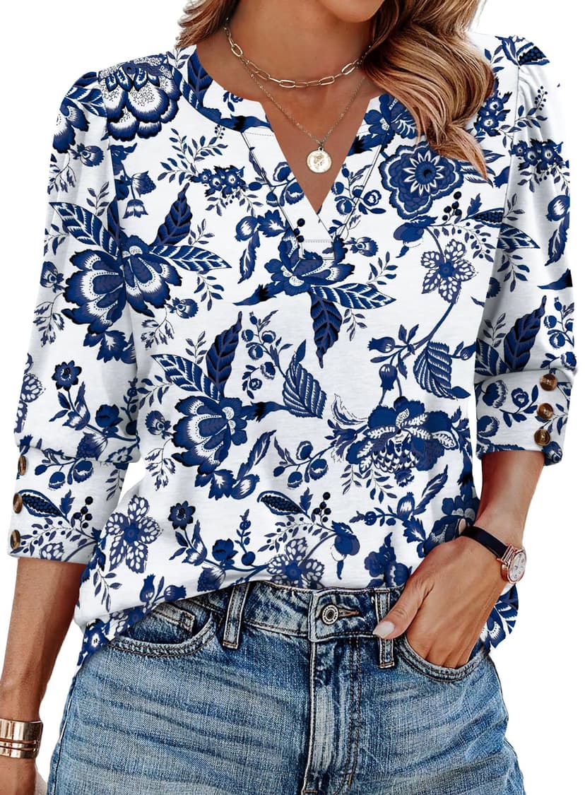 WIHOLL 3/4 Length Sleeve Womens Tops with Button Cuffs Dressy Casual V Neck Summer Outfits Early Fall Fashion Spring Clothes