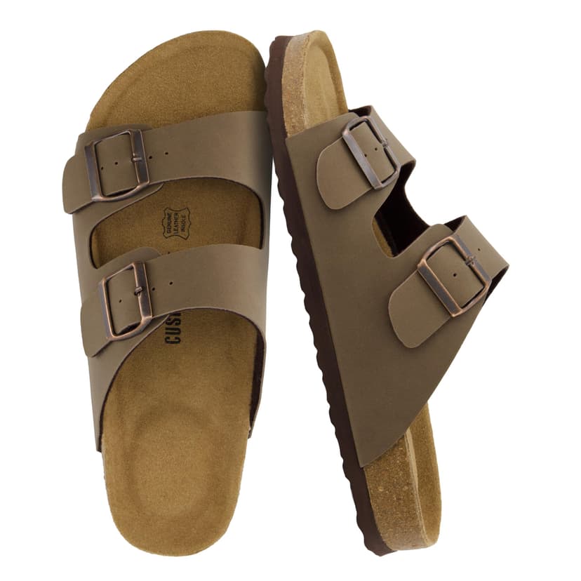CUSHIONAIRE Lane Cork Footbed Mens Sandals, Adjustable Buckle Comfort Slides for Men, Genuine Leather Insole Summer Sandals Men Footwear