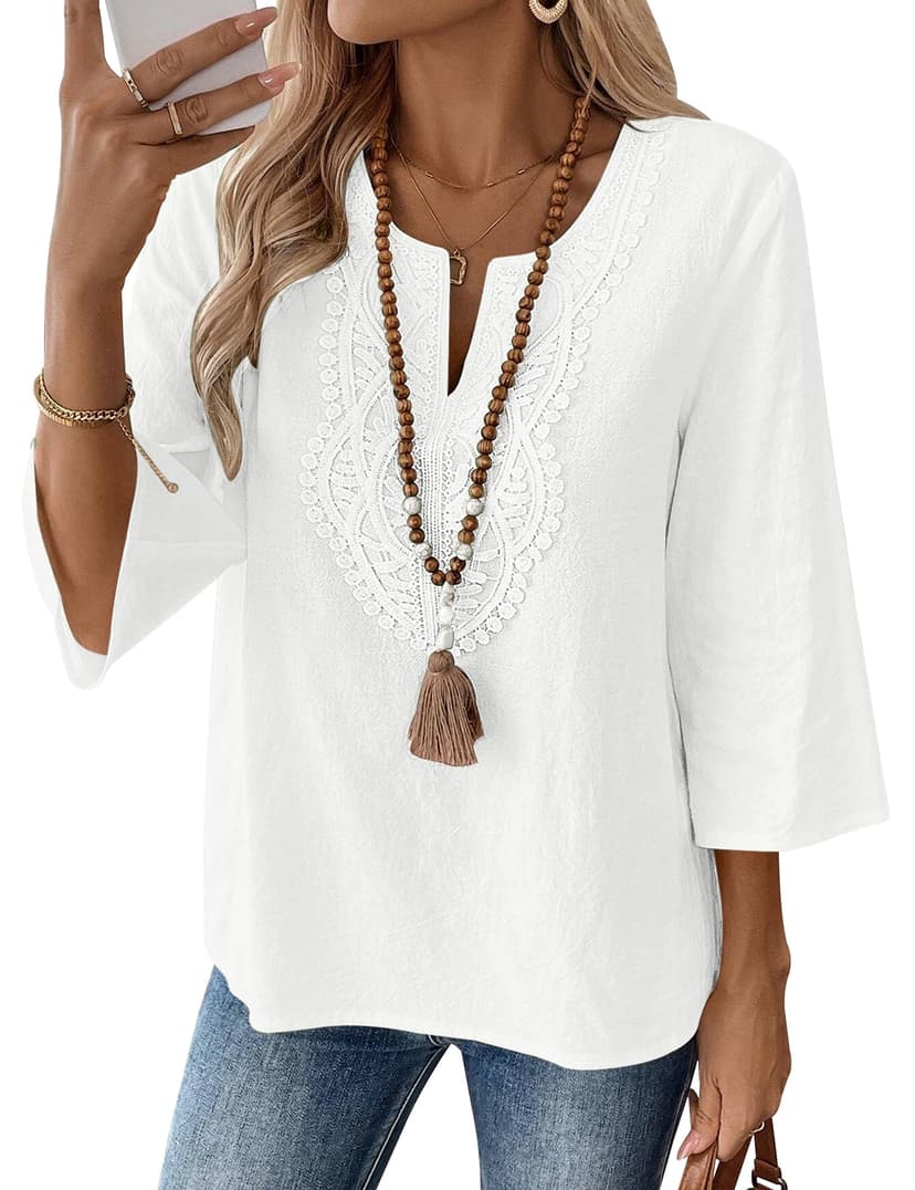 LOMON Womens 3/4 Sleeve Tops Cotton Linen Shirts V Neck Lace Casual Loose Fit Blouses Boho Fashion