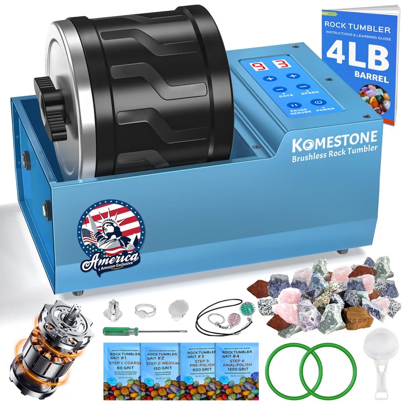Rock Tumbler Kit for Adults – 4LB Large Capacity Brushless Rock Polisher with Reinforced Metal Base, 3 Speeds & 9-Day Timer, Auto Shutoff & Memory Function, Complete Kit for Hobbyists & Collectors