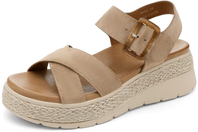 UBFEN Womens Espadrille Platform Sandals Low Wedge Heel - Orthopedic Arch Support, Cushion Insole, Comfortable Dressy Buckle Sandals for Walking and Vacation