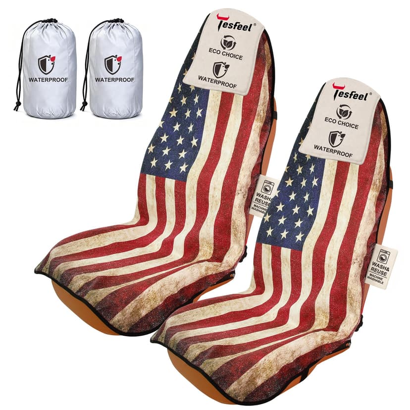 TESFEEL 2 Pack American Flag Car Seat Cover Towel, Waterproof Sweat Protector for Gym Post-Workout & Beach, Universal Fit for Sedans SUV Minivan, Machine Washable Non-Slip Bucket Seat Mat