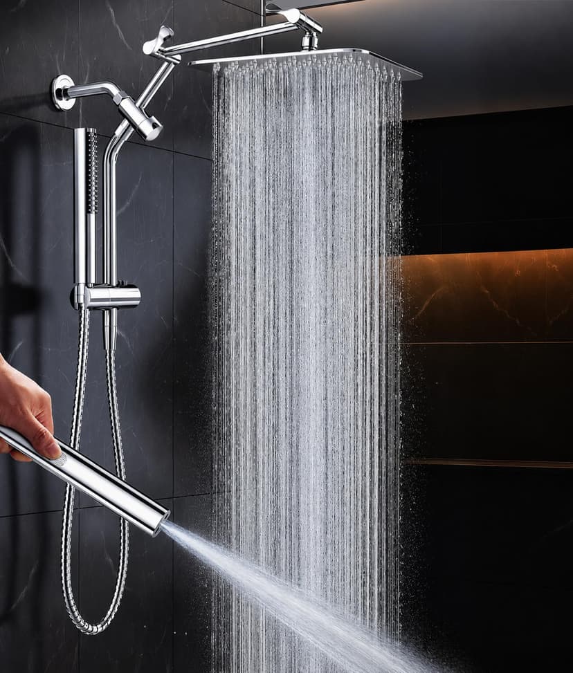 Veken All Metal 10" Shower Head with Handheld, Luxurious Square Double Rain Shower Heads with Spray Combo, Dual High Pressure Detachable Rainfall Showerhead with Extension Arm, Long Hose,Chrome,Silver