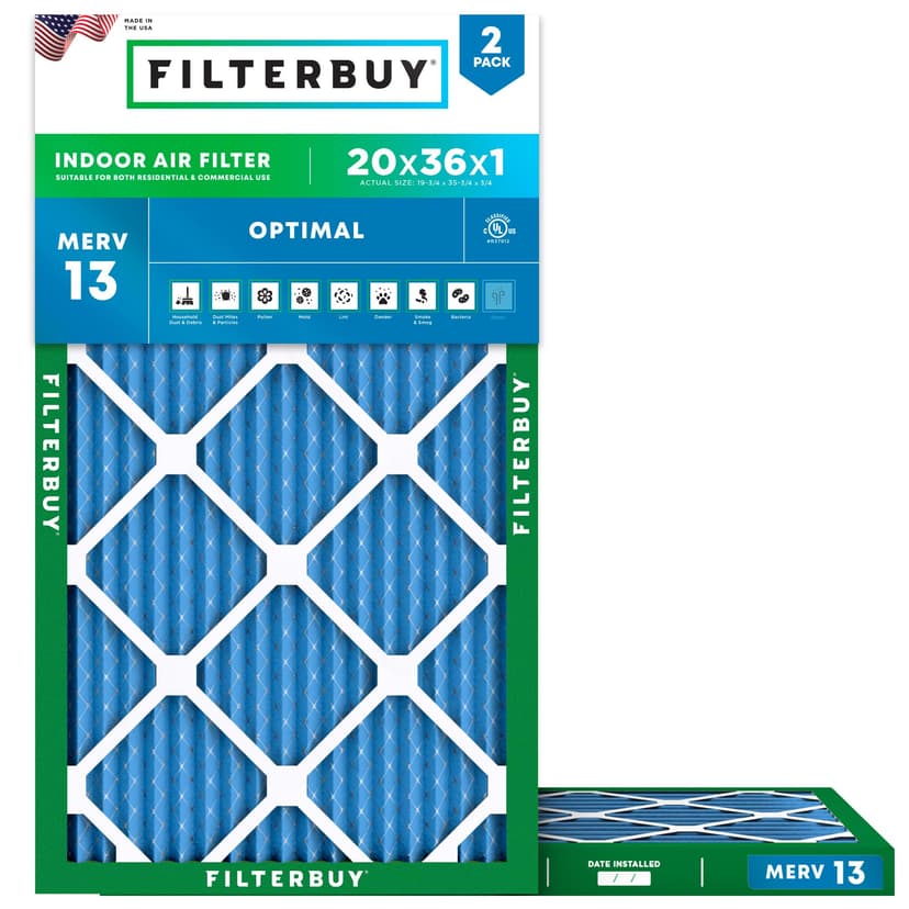 Filterbuy 20x36x1 Air Filter MERV 13 Optimal Smoke & Allergy Defense (2-Pack), Electrostatic Pleated HVAC AC Furnace Filters Replacement, Made in USA (Actual Size: 19.75 x 35.75 x 0.75)