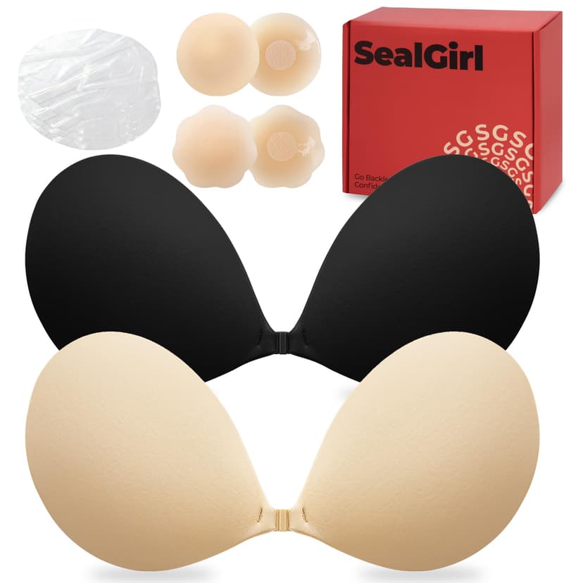 SealGirl Sticky Bra Push Up - 2 Pairs Backless Strapless Bra Invisible Adhesive Bras for Wedding Prom with Nipple Pasties
