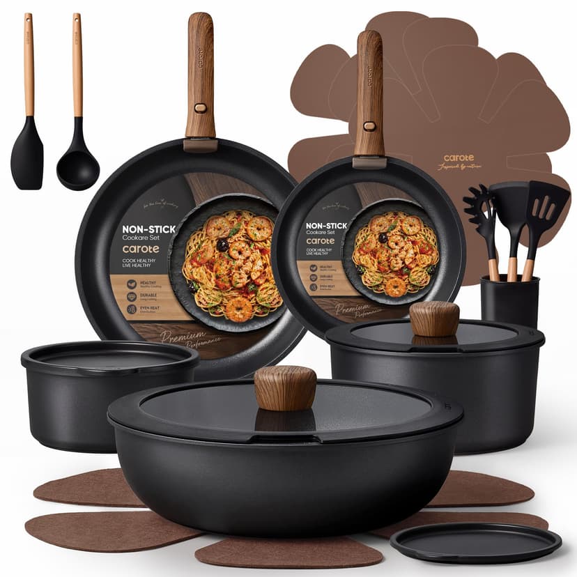 CAROTE 21pcs Pots and Pans Set Non Stick, Detachable Handle Cookware, Black | Induction Compatible, Dishwasher & Oven Safe, Space Saving, for Camping/RV/Traveling, Kitchen Cooking Set