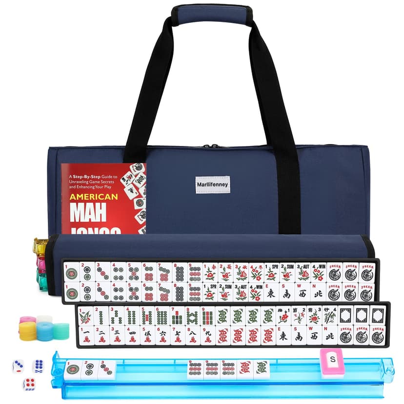 Marllifenney American Mahjong Tile Set,166 White Tiles Mahjong Set,4 Colors Mahjong Racks,Travel Mahjong Set with Blue Carrying Bag