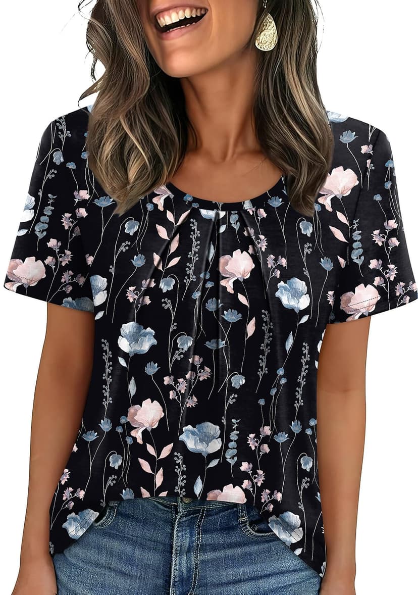 WIHOLL Women T Shirts Pleated Short Sleeve Tops Business Casual Dressy Blouses