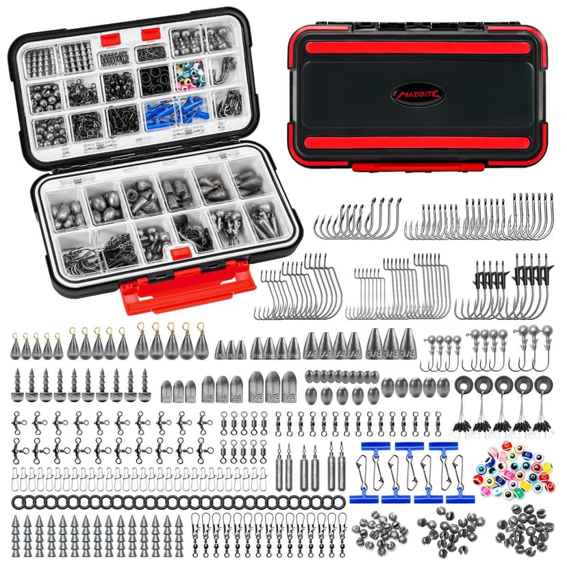 MadBite by KastKing 182/265/400pcs Compact Fishing Tackle Kit - All-in-One Freshwater Hooks, Weights, Bobbers in Tackle Box, Fishing Gear Set for Bass Trout Panfish