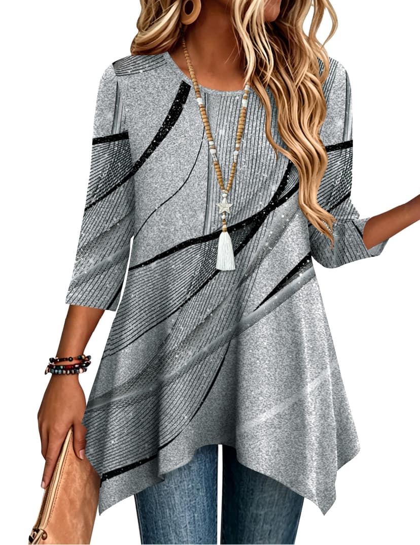 Zeagoo Womens Tops 3/4 Sleeve loose fit dressy Tunics Plus Size Boho Shirts | Summer Tops for Women, Fall Clothes, Dressy Casual Blouses, Crew Neck Tunics to Wear with Leggings, Asymmetrical Hem