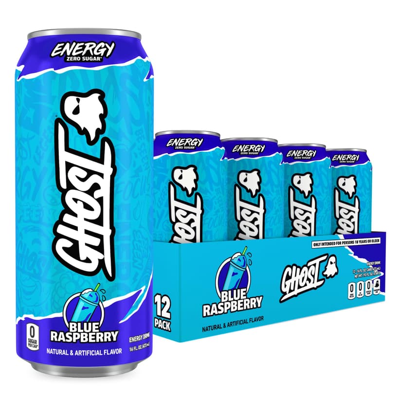 GHOST Energy Drink, Zero Sugars, 12-Pack, Blue Raspberry, 16oz | Energy & Focus Pre Workout Drink, No Artificial Colors, Gluten-Free, Vegan - 200MG Natural Caffeine, L-Carnitine, Taurine