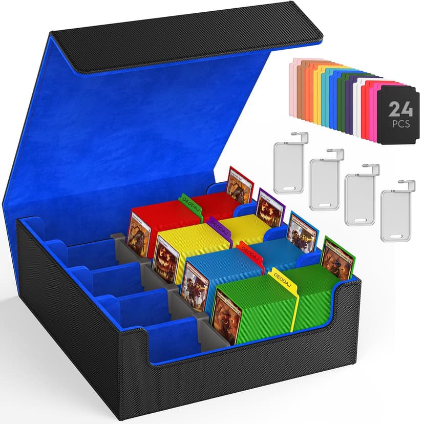 Trading Card Storage Box, 3200+ MTG Card Storage, 4 Row TCG Card Organizer Box with 24 Colorful Dividers and 4 Stands, Bulk PKM Storage, Deck Case Holder Fits for YuGiOh, Game Cards (Black & Blue)