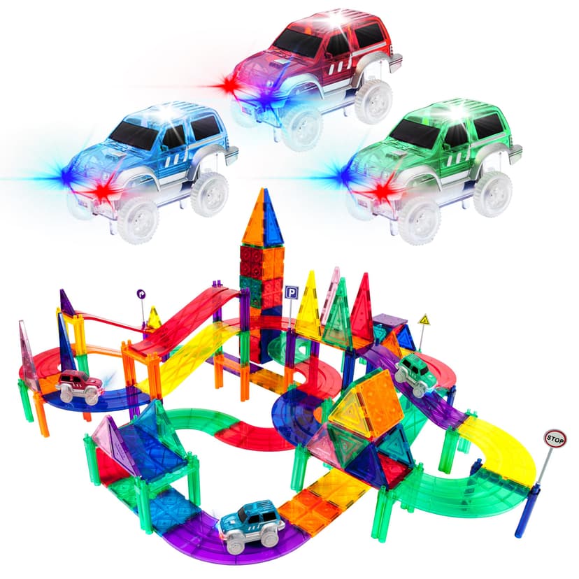 PicassoTiles 128pcs Magnetic Race Car Track Building Block Educational Toy Set Tiles Magnet Playset 3 LED Car STEM Learning Construction Kit Fine Motor Skill Training Brain Development for Kids Age3+
