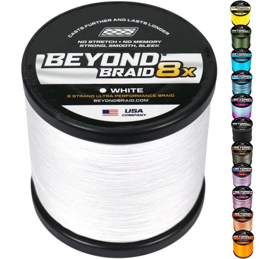 Beyond Braid Braided Fishing Line -Super Strong - Abrasion Resistant - No Stretch -Blue Camo, Moss Camo, White, Green, Pink, Blue, 4 Strand 8 Strand