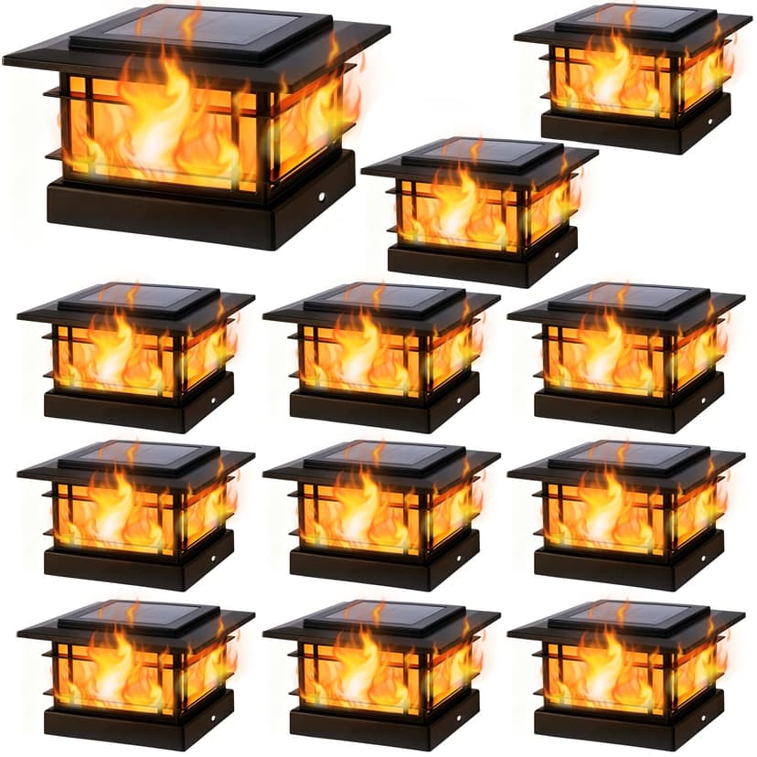 Dynaming 4x4 Solar Post Cap Lights Outdoor with Flickering Flame Light, 12 Pack Black Shell Fence Post Solar Lights Fit Vinyl/Wooden Posts, Brightness LED Lighting Decor for Garden Deck Patio