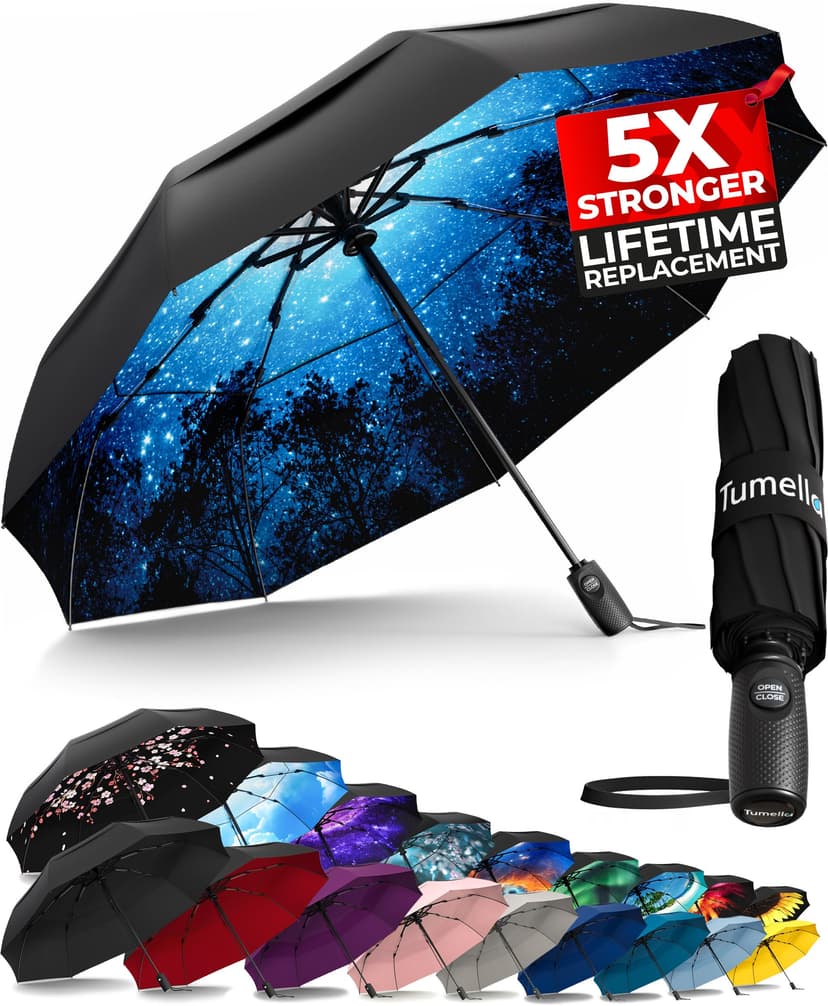 TUMELLA Strongest Windproof Travel Umbrella (Compact, 100MPH Wind-Tested), Light, Portable, One-Handed Use, Automatic Folding Rain Umbrella, Durable, Premium Grip, Fits Car & Backpack