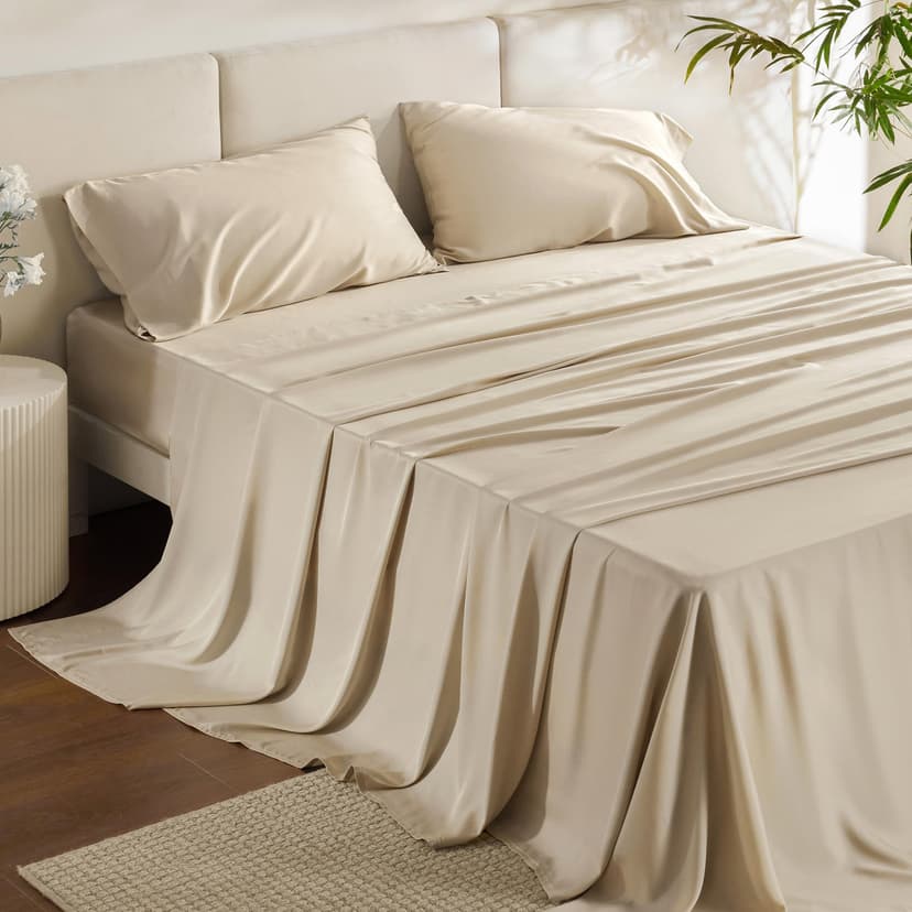 Bedsure PureWoven 100% Rayon Derived from Bamboo, Queen Sheets, 4 Pieces | Cooling Sheets for Hot Sleepers, Breathable & Silky Soft, 16" Deep Pocket, Hotel Luxury Bedding, Beige