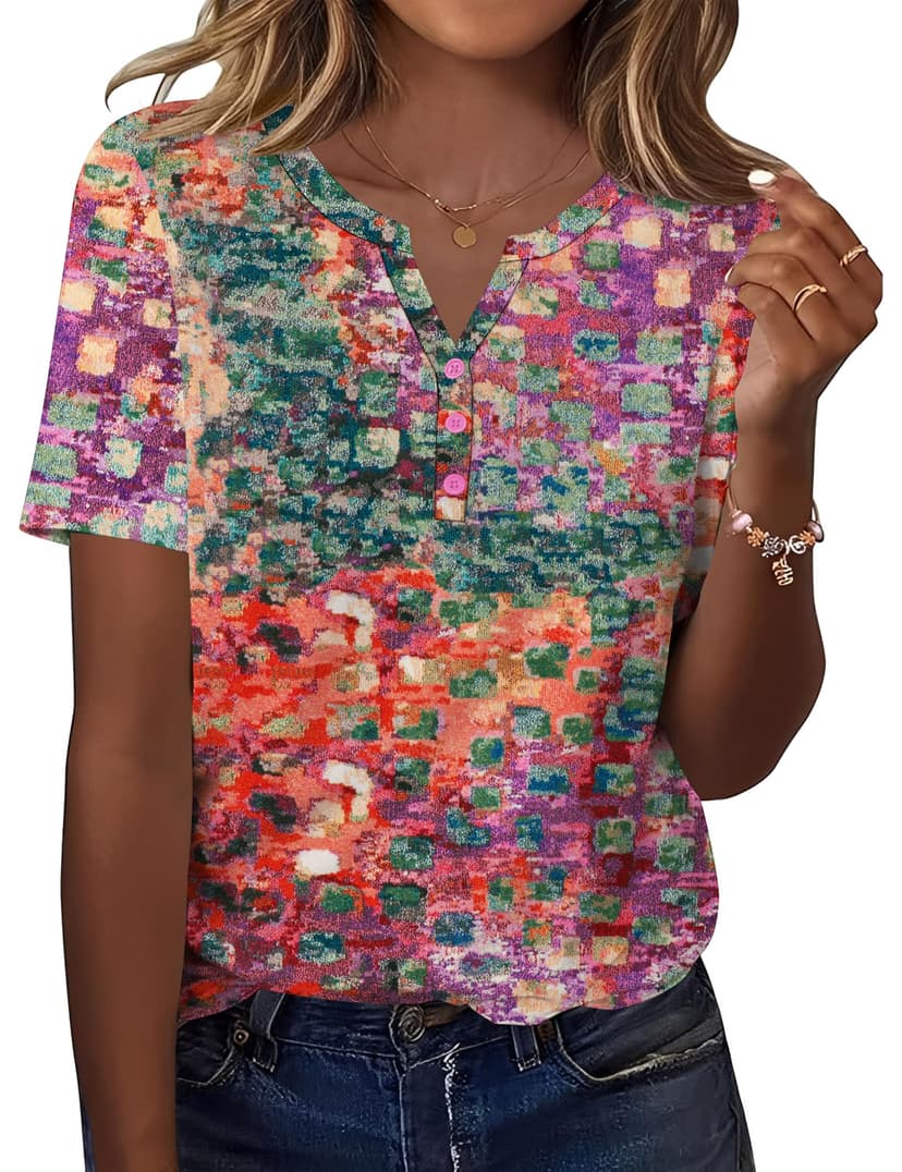 TCOT Women's Tops Dressy Casual Summer Blouses Short Sleeve Button V Neck Spring Tee Shirts