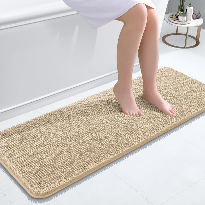 OLANLY Bathroom Runner Rugs 47x17, Extra Soft Absorbent Chenille Bath Rugs | Beige, Quick-Drying Rubber Backing, Machine Washable Long Bath Mat for Bathroom Floor, Tub and Shower, Home Decor Accessori