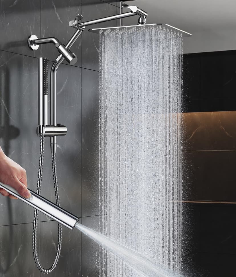 Veken All Metal 10" Shower Head with Handheld, Luxurious Square Double Rain Shower Heads with Spray Combo, Dual High Pressure Detachable Rainfall Showerhead with Extension Arm, Long Hose,Chrome,Sliver
