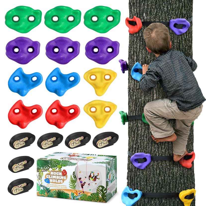TOPNEW 12 Ninja Tree Climbing Holds for Kids Climber, Adult Climbing Rocks with 6 Ratchet Straps for Outdoor Ninja Warrior Obstacle Course Training