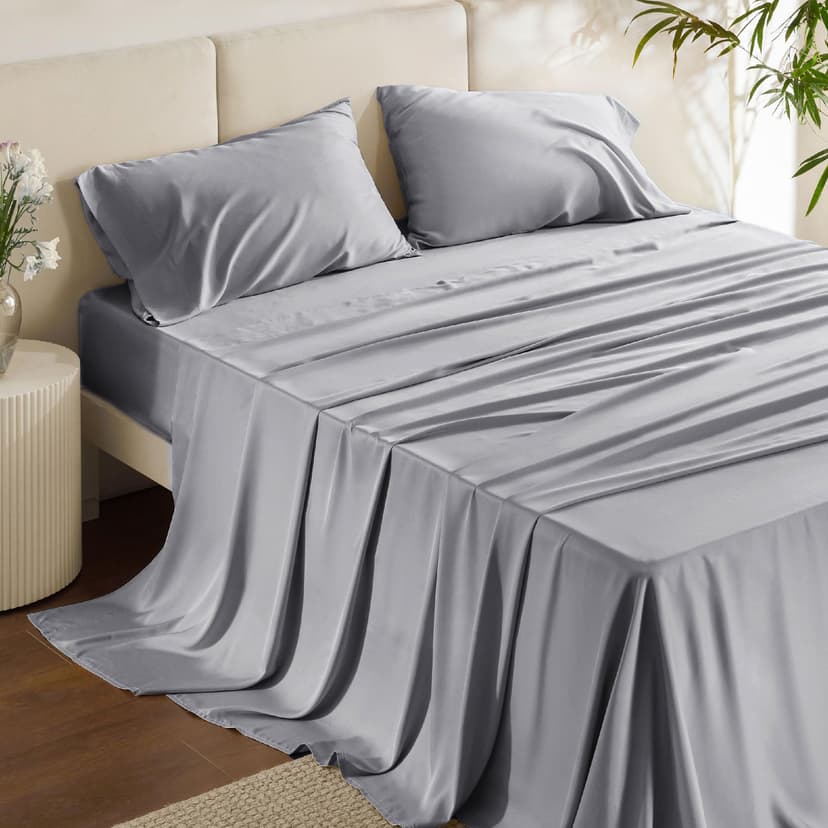 Bedsure PureWoven 100% Rayon Derived from Bamboo, Queen Sheets, 4 Pieces | Cooling Sheets for Hot Sleepers, Breathable & Silky Soft, 16" Deep Pocket, Hotel Luxury Bedding, Silver Grey