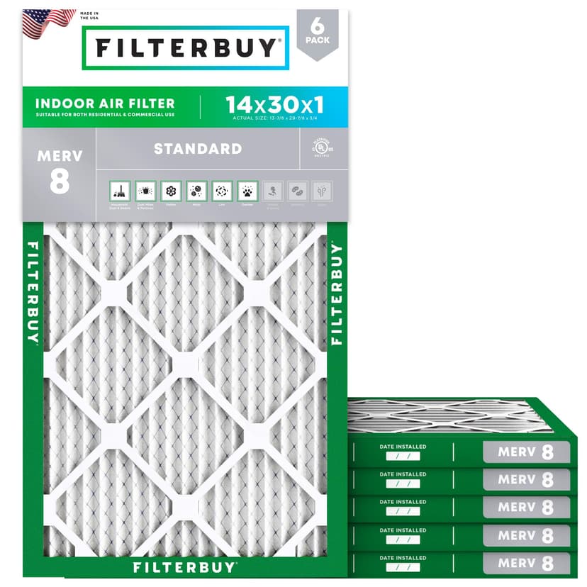 Filterbuy 14x30x1 Air Filter MERV 8 Essential Dust & Allergy Defense (6-Pack), Electrostatic Pleated HVAC AC Furnace Filters Replacement, Made in USA (Actual Size: 13.88 x 29.88 x 0.75)