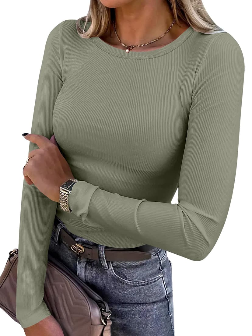 ANRABESS Women Long Sleeve Shirts Ribbed Fitted Tops | Slim Basic Tee,2026 Fall Outfits,Lightweight Knit T-Shirt,Soft Underscrub,Winter Layer Clothing,Casual Work & Everyday Wear