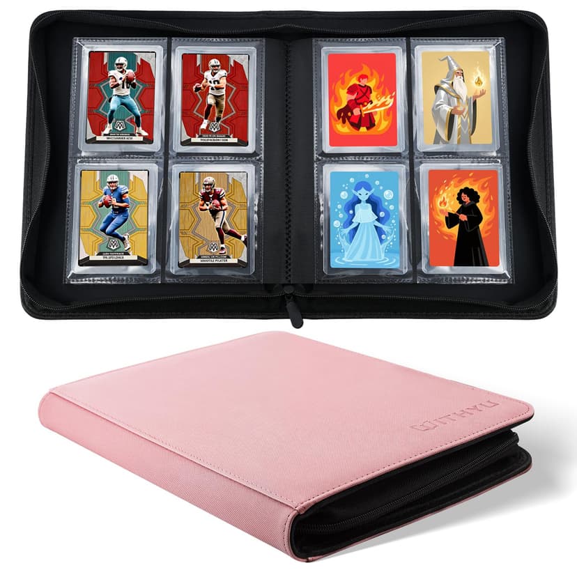 WITHYU Toploader Binder Holds 128 Top Loaders, 4 Pocket Ringless Card Holder for 3" x 4" Rigid Cards, Trading Card Album Small Top Loader Binder for Sports, TCG, MTG (Pink)