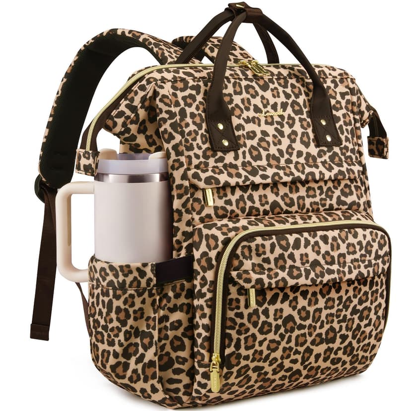 LOVEVOOK Laptop Backpack for Women Men with Large Cup Holder,15.6" Waterproof Computer Laptop Bag TSA Approved Travel Backpack,Professional Work College Nurse Teacher Backpack Gift Purse,Leopard print